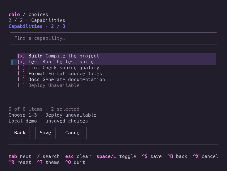 A searchable capabilities checklist with Build and Test checked and Deploy unavailable.