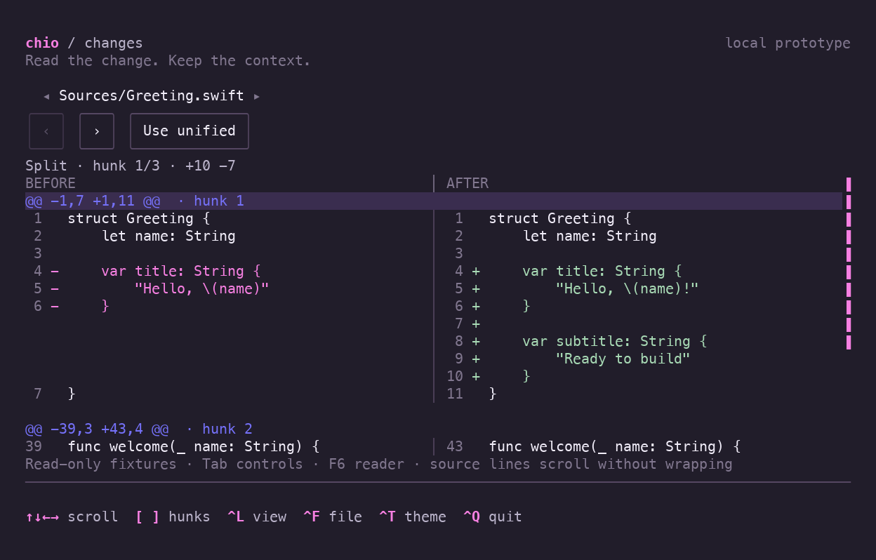 A read-only split diff with paired line-number gutters, added and removed source lines, layout controls, and hunk navigation.