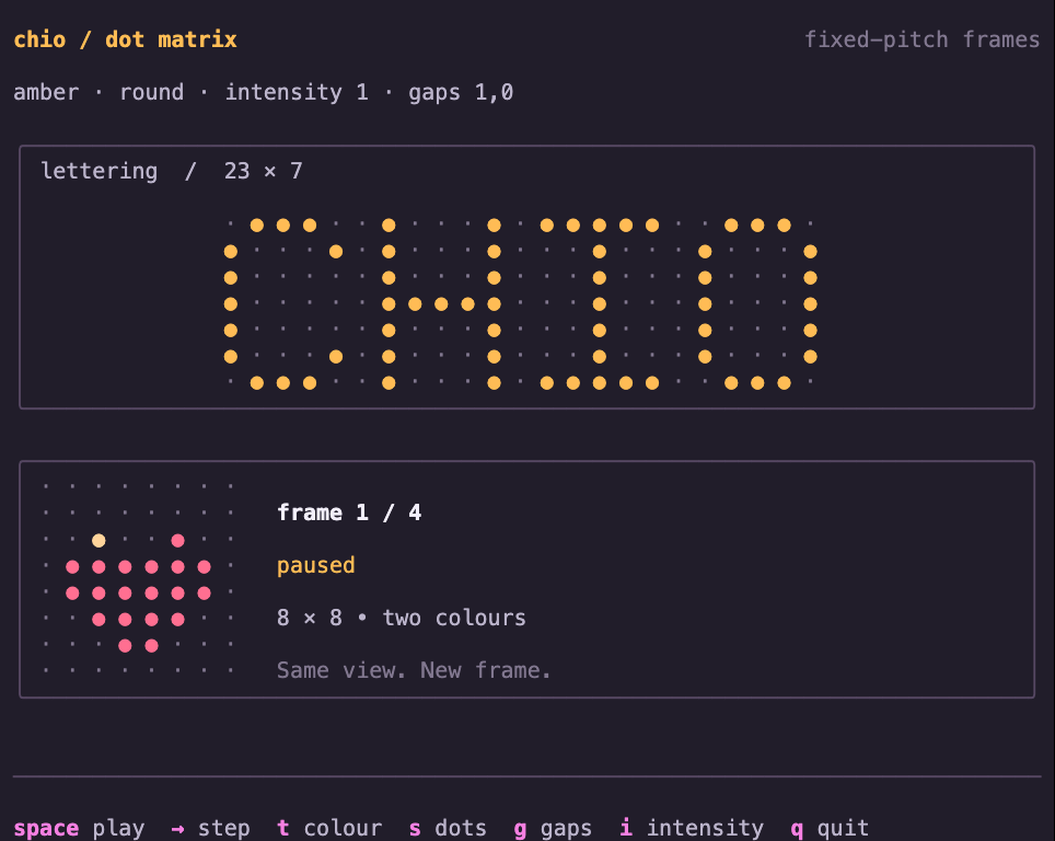 Amber CHIO lettering above a pink heart in a terminal LED matrix.