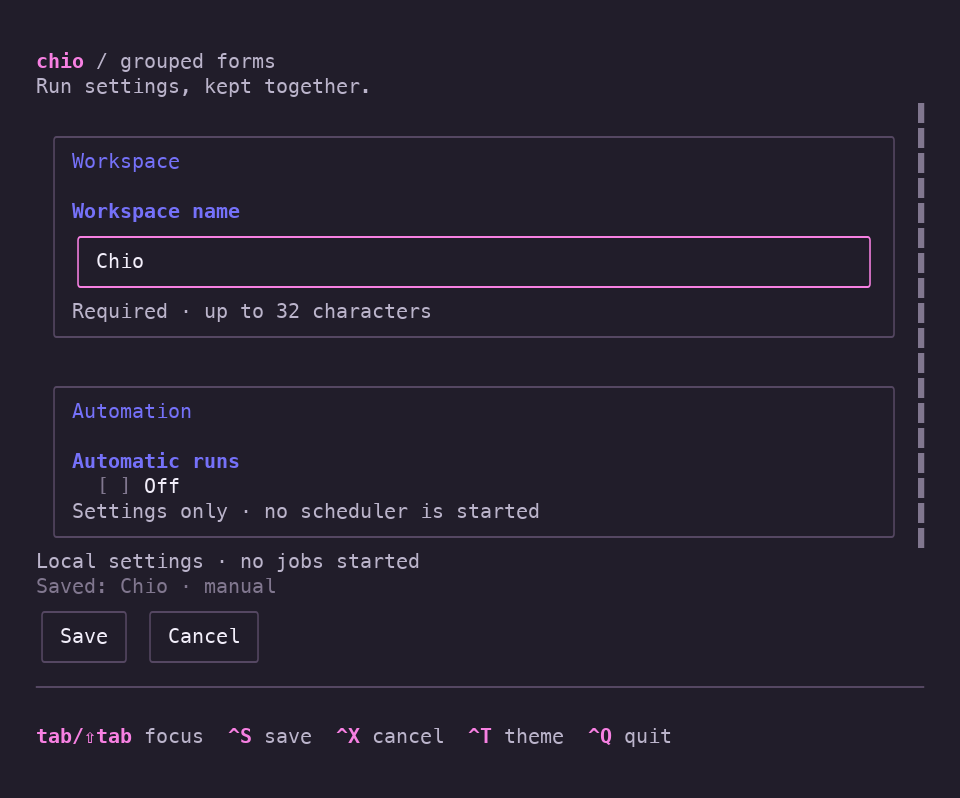 A dark grouped settings form with Workspace and Automation sections, a saved-values summary, and Save and Cancel buttons.