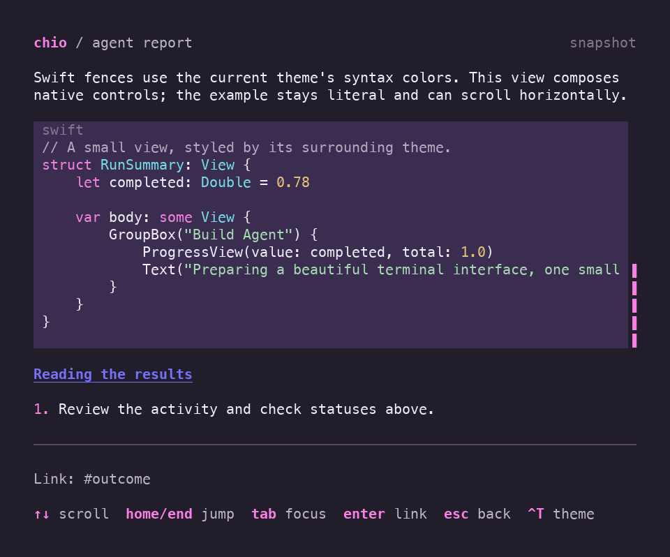 A Swift code block in an agent report, with themed keywords, types, strings, numbers, and comments above local link feedback.