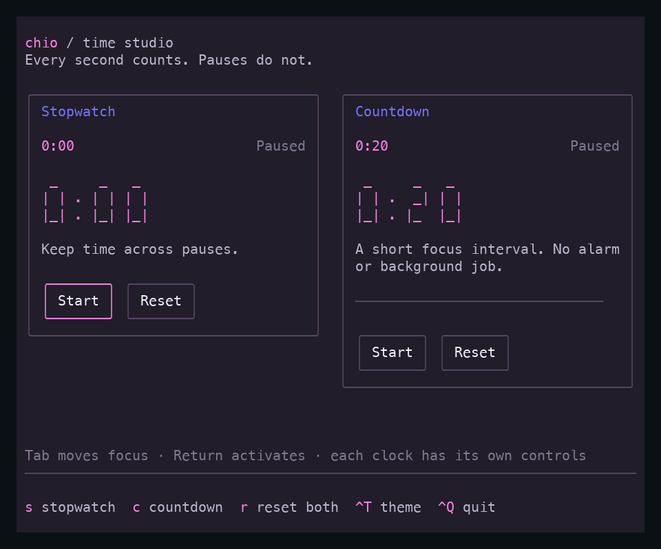 A dark time studio with plain and segmented duration labels, independent stopwatch and countdown panels, native pause and reset buttons, and a progress track.