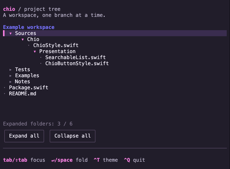 A dark example workspace with Sources, Chio, and Presentation expanded into file labels, three collapsed folders, and bulk expansion buttons.